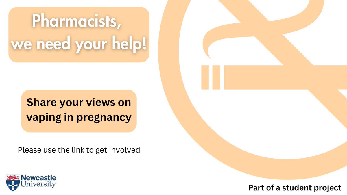 We are looking for pharmacists to share their views and experiences on smoking cessation in pregnancy, as part of a student project.

Please use the link to get involved!
newcastle.onlinesurveys.ac.uk/eligibility-qu… 

#pharmacyresearch #pharmacy #Stoptober #maternity 
<a href="/Kent_LPC/">Community Pharmacy Kent ( Kent LPC )</a> <a href="/CPWYinfo/">CPWYinfo</a> <a href="/CPSS_LPCs/">Community Pharmacy Surrey & Sussex</a>