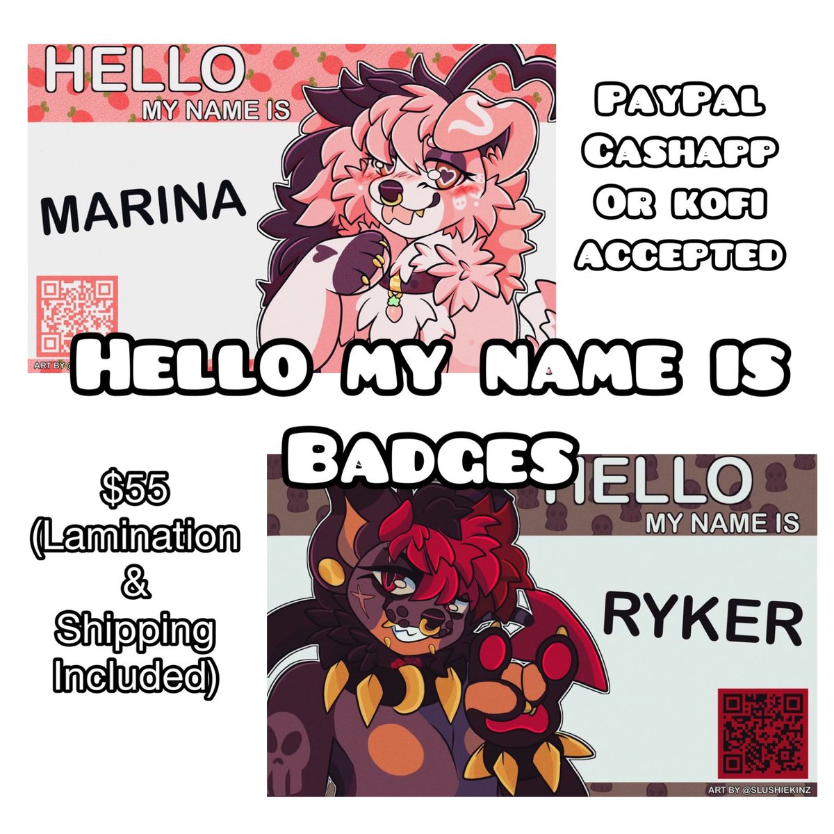 Slushiekinz's tweet photo. ✨Hello My name Is✨
🔁 Mega appreciated 

🍭I’d love to do a few more of these so I’m open for 5 slots of these Badges!

💕Can do name only or name + barcode to a link of your social media 

🍭Characters belong to @Neapawlitan and @Baphomethound 

💕Comment or dm to claim https://t.co/vMpaHEHAte