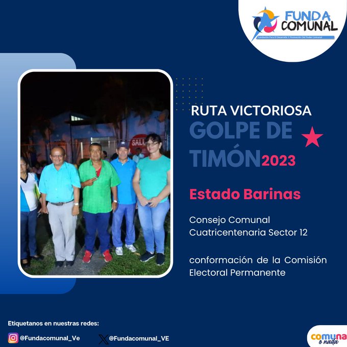 A través de una asamblea de ciudadanos(as) se logró la conformación de la Comisión Electoral Permanente del Consejo Comunal Cuatricentenaria Sector 12, en la parroquia el Carmen, municipio Barinas 
#ComunaONada
#ElEsequiboEsVenezolano

<a href="/NicolasMaduro/">Nicolás Maduro</a>
<a href="/jaarreaza/">Jorge Arreaza M</a>
<a href="/eulaliaTabares/">Eulalia Tabares</a>