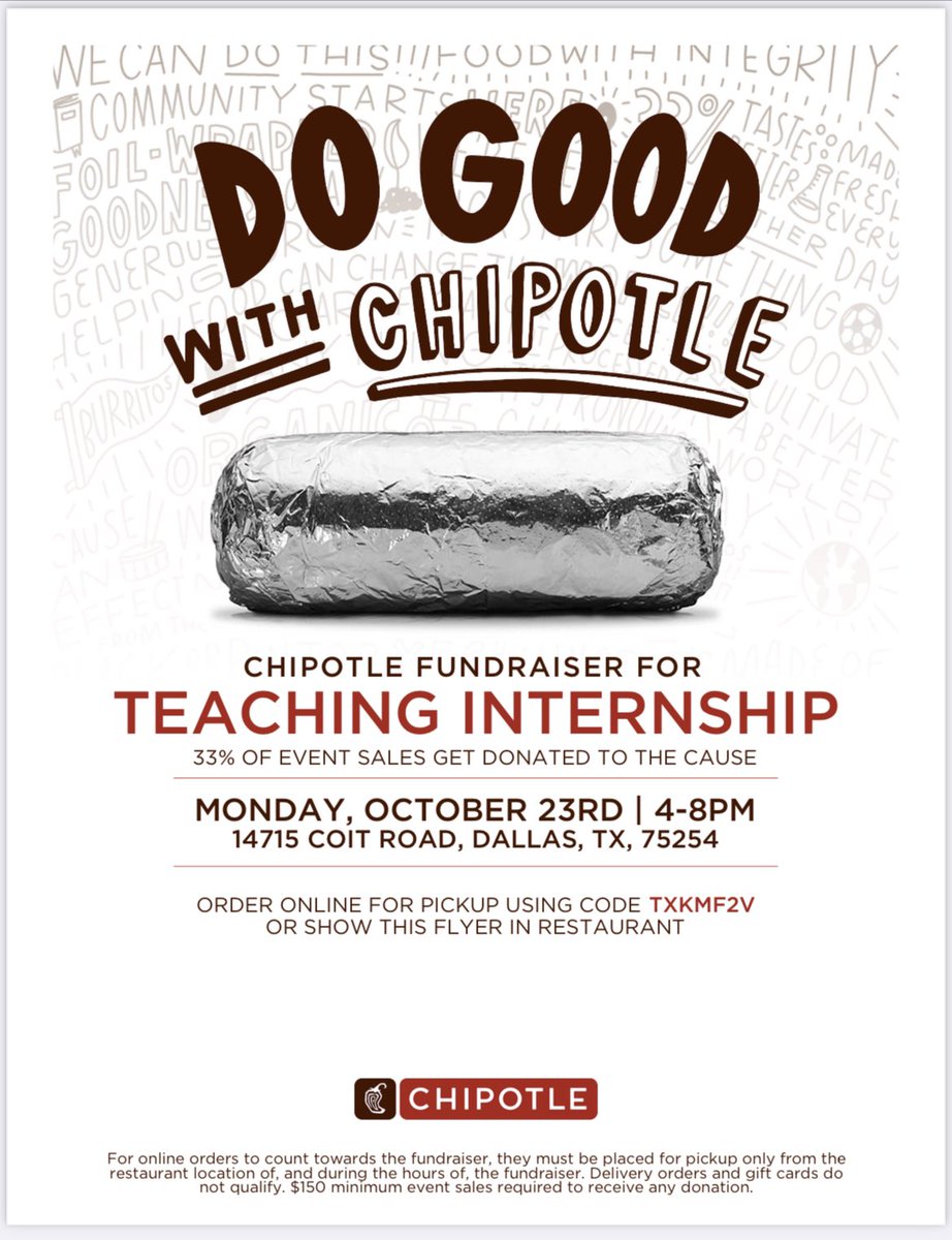 Giving back never tasted so good! Stop by Chipotle 🌯 @ Coit&Beltline TODAY for TAFE fundraiser! Help support covering costs for TAFE competiton travel.Tell them at register you are with RHS Teaching Internship @RichardsonHS1 @RISD_CTE #ChipotleFundraiser