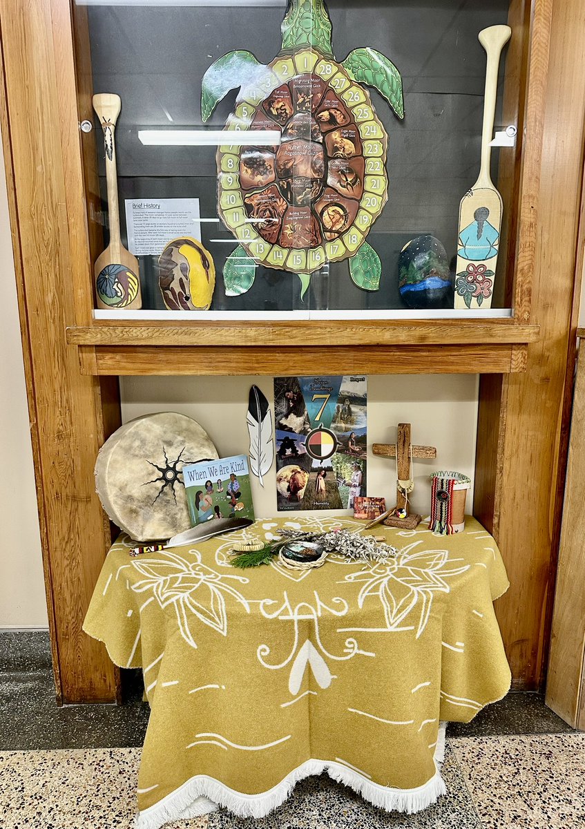 StAlexDragons's tweet photo. Our new Birch bark biting blanket, Indigenous artwork, completes our front foyer showcase. Thank you Pat Bruderer for sharing your talent with us. #STADragons #NPSCFaith @npsc_schools #stalexander @CatholicEdu https://t.co/qiyWwA41Cj
