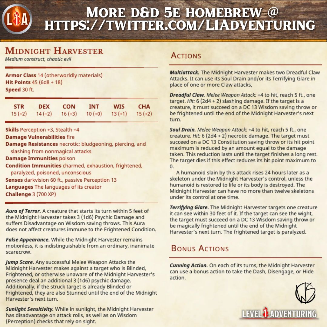 Hey, home brewers! For #Monstermonday, we have another baddie for a #Halloween-themed Adventure: the Midnight Harvester!

A cross between a Scarecrow and a Wight with some extra bite, throw this in a cornfield or maze to terrorize your PCs!

#dnd #dnd5e #ttrpg #rpg #homebrew