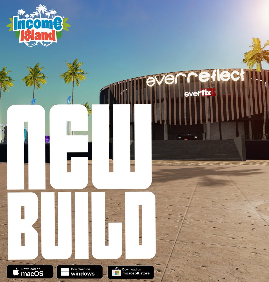 incomeisland's tweet image. Check out the new EverReflect Arena building (opening soon)  in our latest demo build 1.0.18.0, available to directly download now for PC and mac or from the Microsoft Store inclomeisland.org/download 
#virtualconcert #music #EverReflect