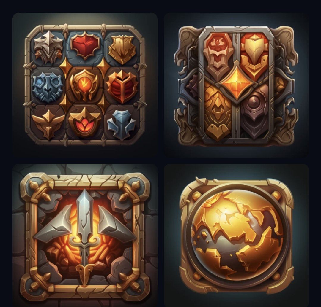 After a few hours of learning how to work with #midjourney, I have the first set of in-game icons ready for the card battler I am working on.