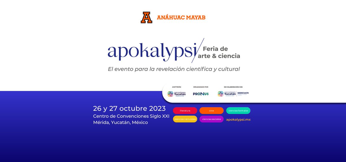UniAnahuacMayab's tweet photo. #Apokalypsi Feria de Arte y Ciencia.
Regístrate sin costo y forma parte del evento para la revelación científica y cultural ➡️https://t.co/ydBVVXH5lh
Temáticas: música, escultura, arquitectura, danza, teatro, entre otros. https://t.co/HWfriKVNws