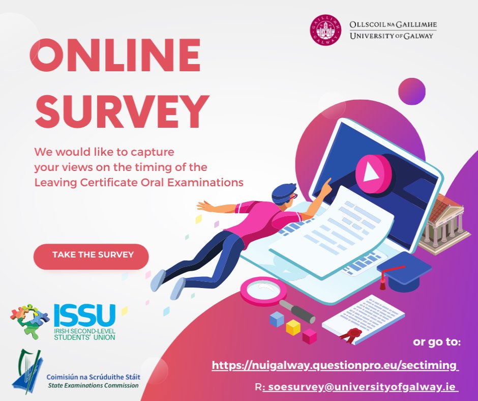 issu4u's tweet photo. 🚨 The ISSU are promoting a new survey. 🚨
Students are being given the chance to have their say on the timing of the Leaving Certificate Oral Examinations!!!

Fill out through the link below, 
https://t.co/URJBeRBHwp
@SECireland @uniofgalway 
#LeavingCert #OralExam #ISSU4U https://t.co/su1D9PCBcW