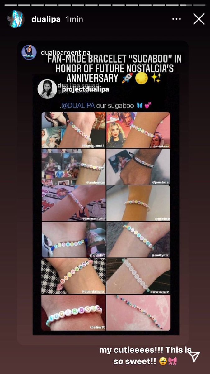 projectdualipa's tweet photo. @TeamDuaHQ The moment she shared our project in honor of the anniversary of future nostalgia, calling us cuties! We made these beads with a lot of love! 💖💖💖 https://t.co/nc1BJbDD67
