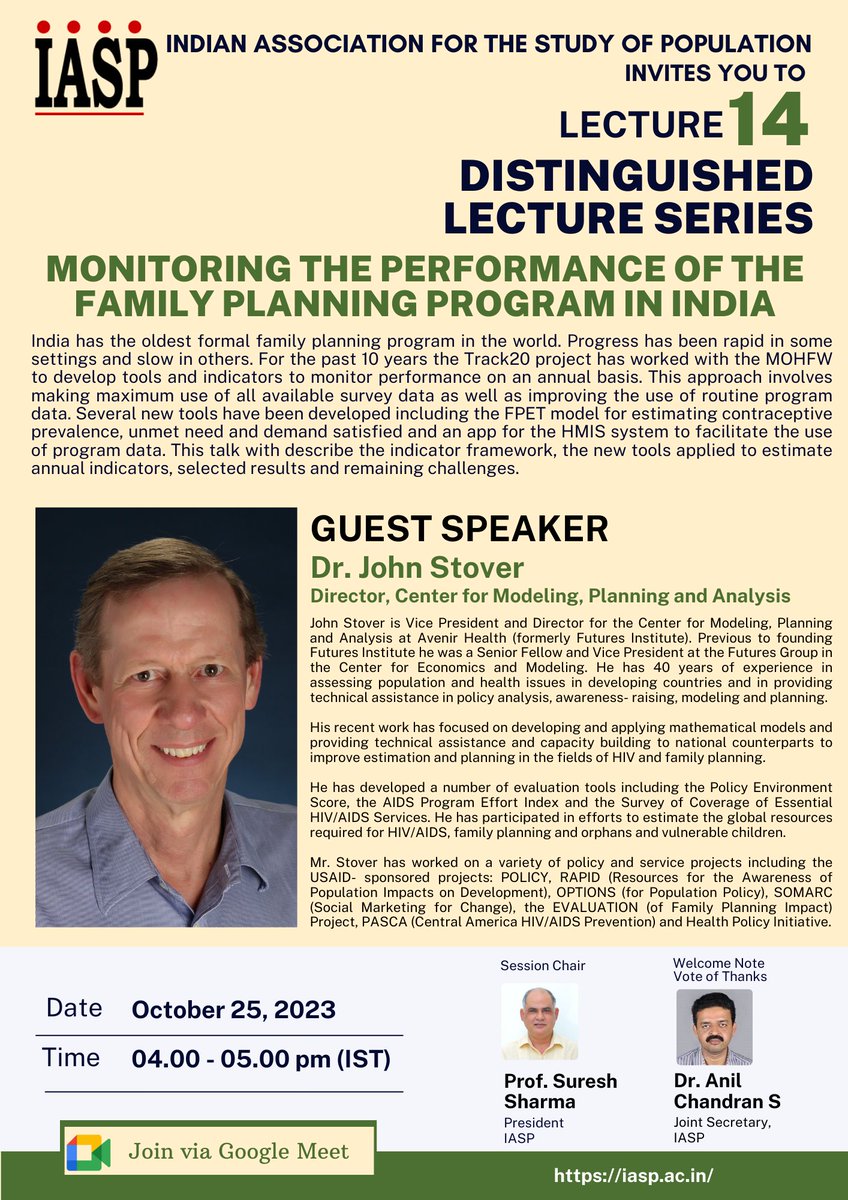 Join John Stover on Wed, October 25 when he presents @ IASP’s Distinguished Lecture Series on India’s use of Track20’s Family Planning Estimation Tool (FPET) to monitor FP program performance. Join online October 25 @ 4:00-5:00pm IST/7:30-8:30am EST

meet.google.com/dkp-yxxq-vka