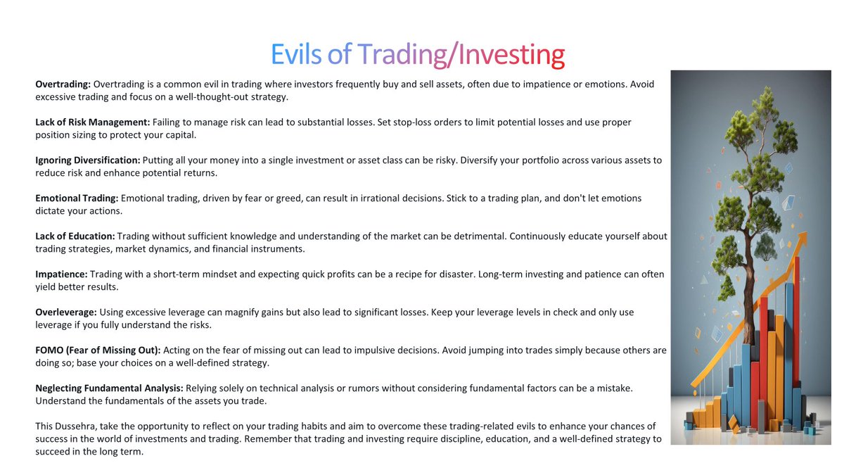 This #Dussehra2023, like the festival symbolizes the victory of good over evil, it's essential to identify and avoid certain "evils" in #trading and #investing  to increase your chances of success.

Here are some trading-related evils to avoid: