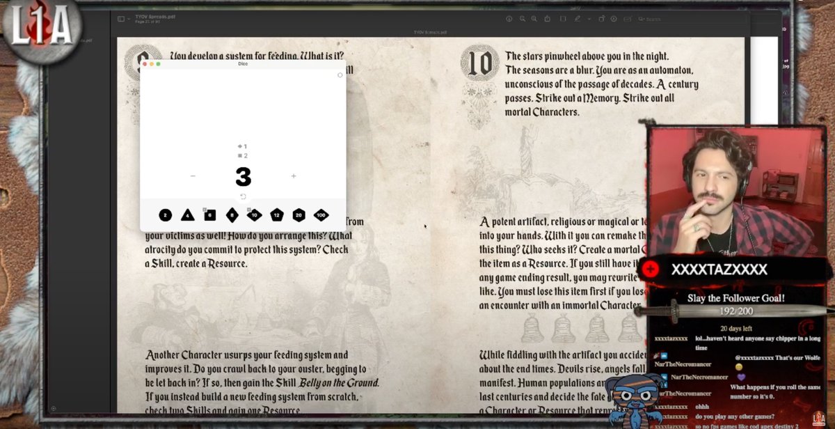 Hello, friends!

Join us tonight around 7:30/8PM EST LIVE on #twitch (link in Bio!) as we continue our special #Halloween #solorpg sessions of "Thousand Year Old Vampire" by <a href="/TimHutchingsFTW/">Tim Hutchings timh@dice.camp</a>!

Previous episodes up on #youtube if you need to catch up!

YT: youtube.com/watch?v=JAsmsr…