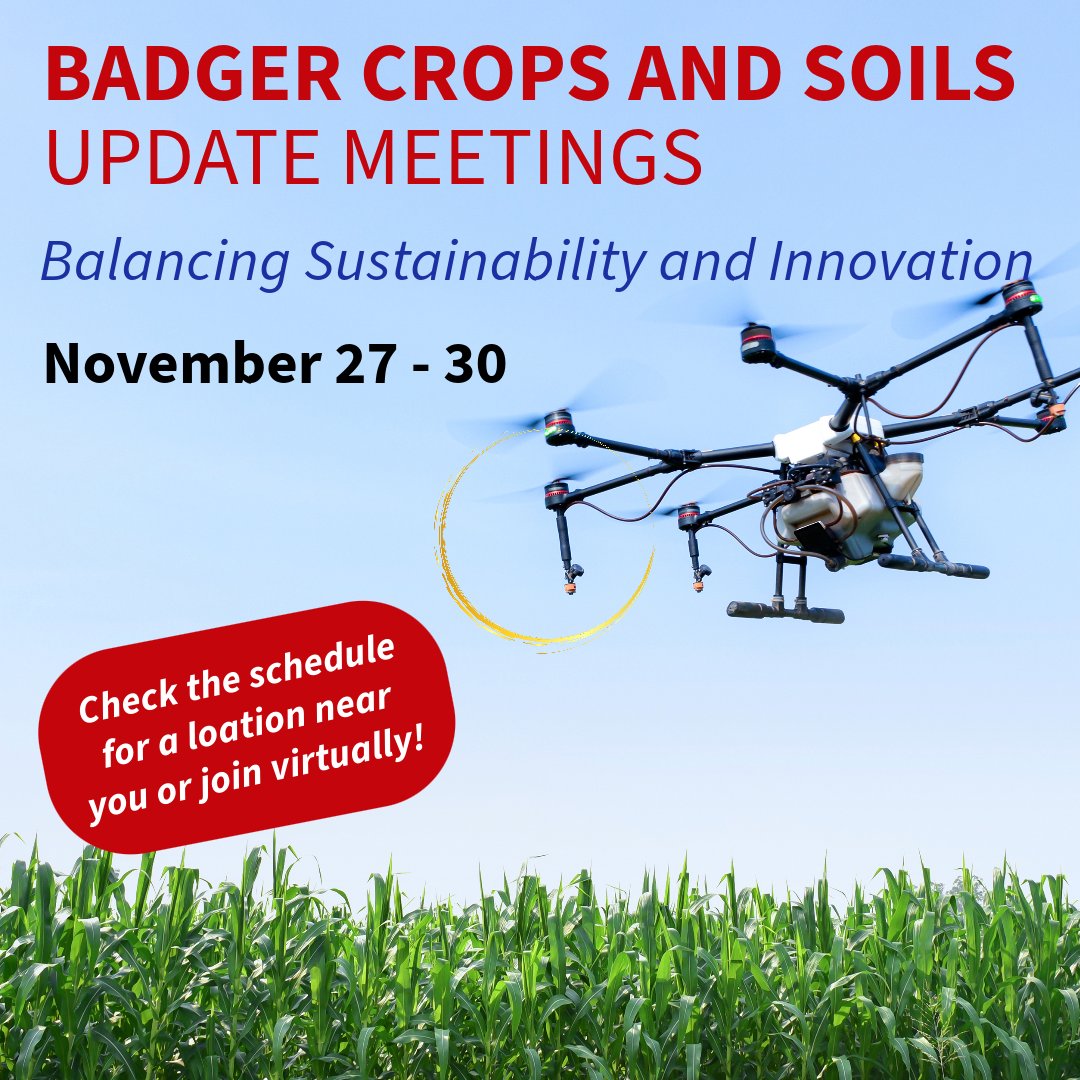 The annual UW Badger Crops & Soils Update meetings will be offered in 4 one-day in person sessions along with 1 virtual session this year. Five CEUs are approved. Register now: cropsandsoils.extension.wisc.edu/badger-crops-a…