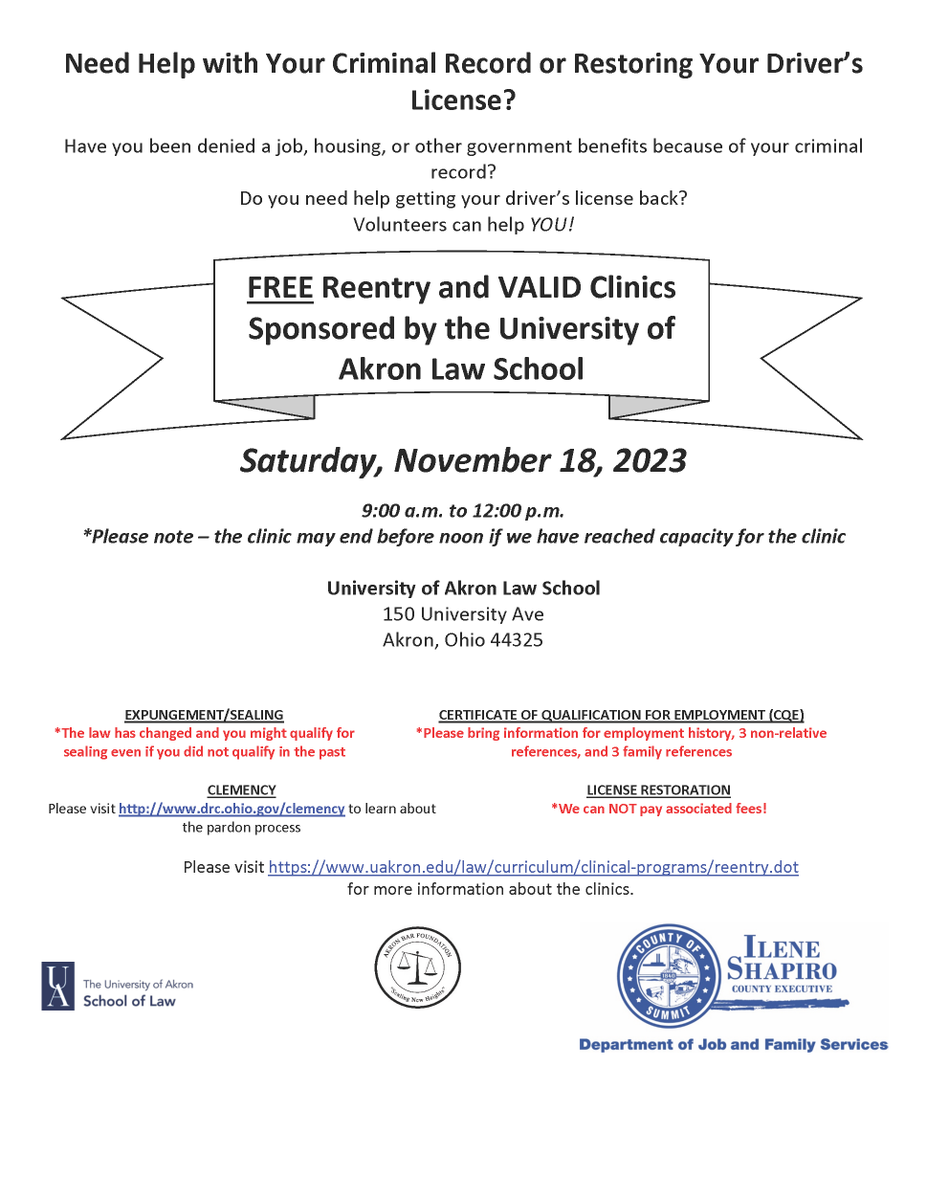 Summit County Clerk of Courts (@summitclerkoh) on Twitter photo Do you need help with an expungement, CQE, clemency, or license restoration🧐? @akronlaw, in collaboration with @akronbarassoc and <a href="/SummitExecutive/">County Executive Ilene Shapiro</a> Ilene Shapiro, will be offering a FREE legal clinic Saturday, November 18th. ⚖ #FreeLegalAid Do you need help with an expungement, CQE, clemency, or license restoration🧐? @akronlaw, in collaboration with @akronbarassoc and <a href="/SummitExecutive/">County Executive Ilene Shapiro</a> Ilene Shapiro, will be offering a FREE legal clinic Saturday, November 18th. ⚖ #FreeLegalAid