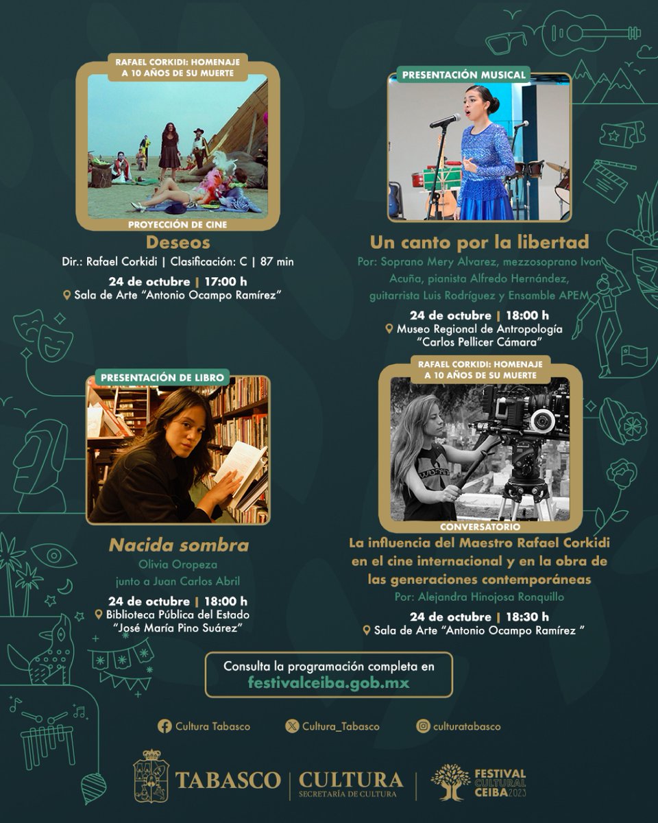 El #FestivalCeiba2023 estará lleno de eventos que te cautivarán

Les compartimos el programa de actividades del 24 de octubre

Todos los eventos son gratuitos

<a href="/Cultura_Tabasco/">Cultura_Tabasco</a> <a href="/Turismo_Tabasco/">Secretaria de Turismo y Desarrollo Económico</a> <a href="/AmavTabasco/">Recorre el Edén</a> <a href="/AMHMT/">Hoteles Tabasco</a> <a href="/calderonalipi82/">J C Calderon</a>