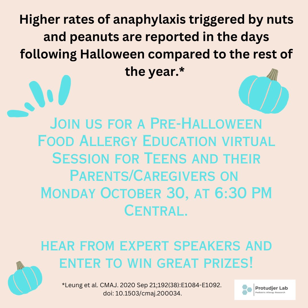 For those w/ #foodallergy, Halloween can be scary.

Join us Mon 30 Oct at 6.30pmCT to hear fr #allergy experts about cutting edge topics in #foodallergy 
For 11-17yo and their parents/caregivers in 🇨🇦Parent/caregiver reg reqd (link in profile). 

Teens may win a $50 gift card!