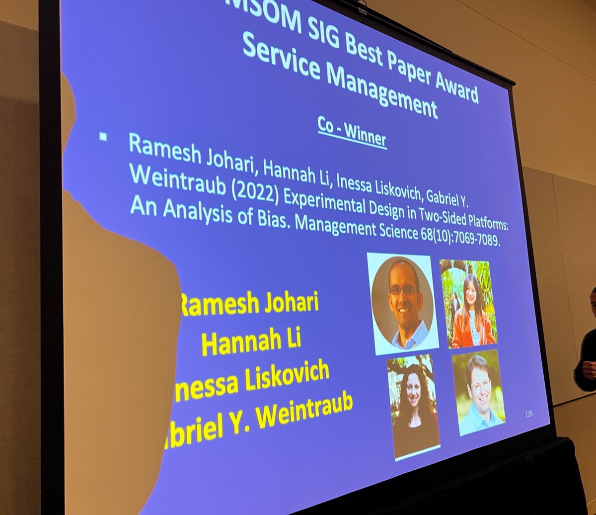 Honored to have my work on marketplace experimentation recognized by the Dantzig Dissertation Award and the MSOM Service Management SIG best paper award at #INFORMS2023 last week!