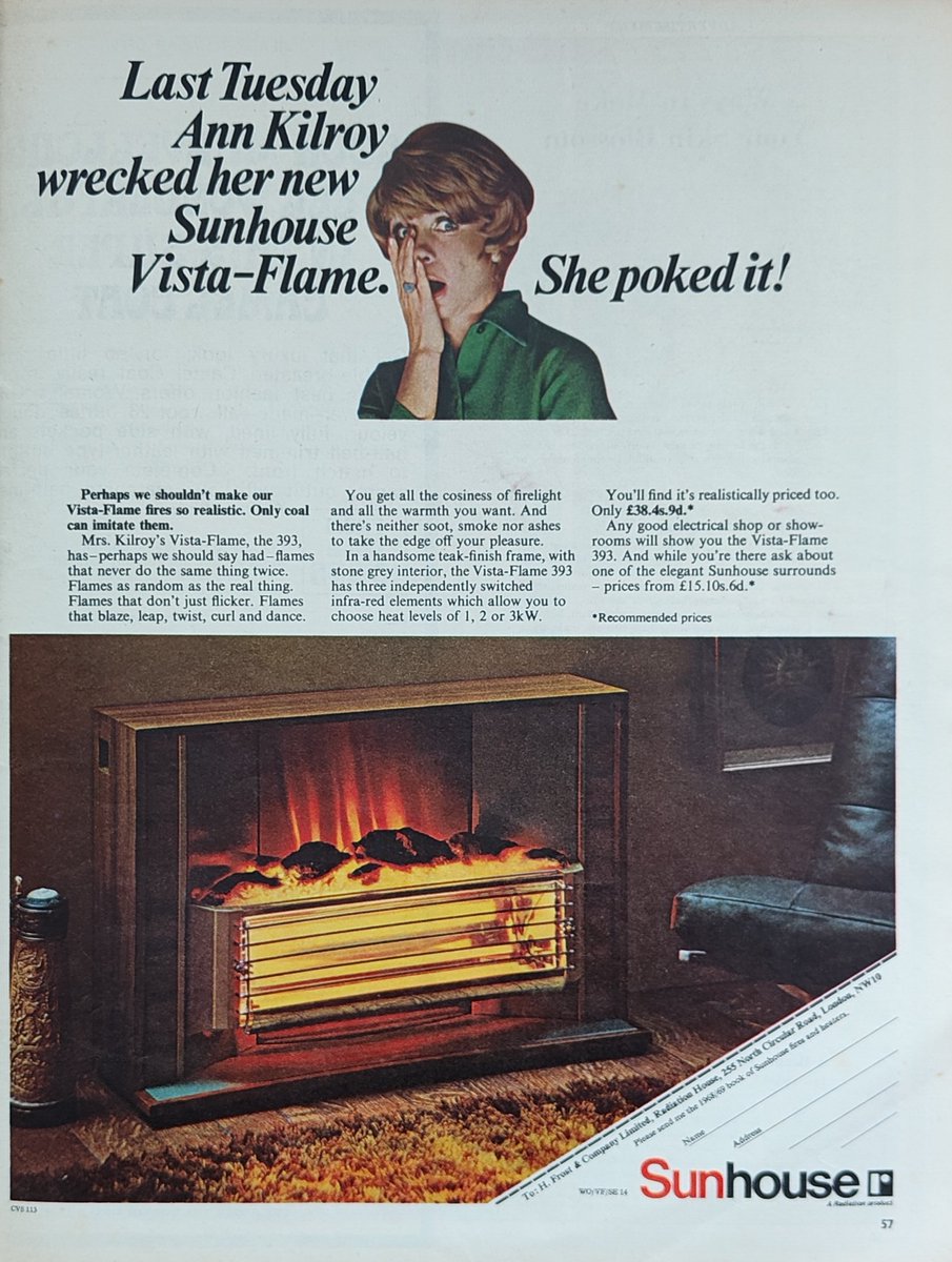 Last Tuesday Ann Kilroy wrecked her new Sunhouse Vista-Flame.  She poked it!

Woman's Own
September 14, 1968

#VintageAds #60s #nostalgia
#SunhouseFire #VistaFlame #UK #Britain #WomansOwn
