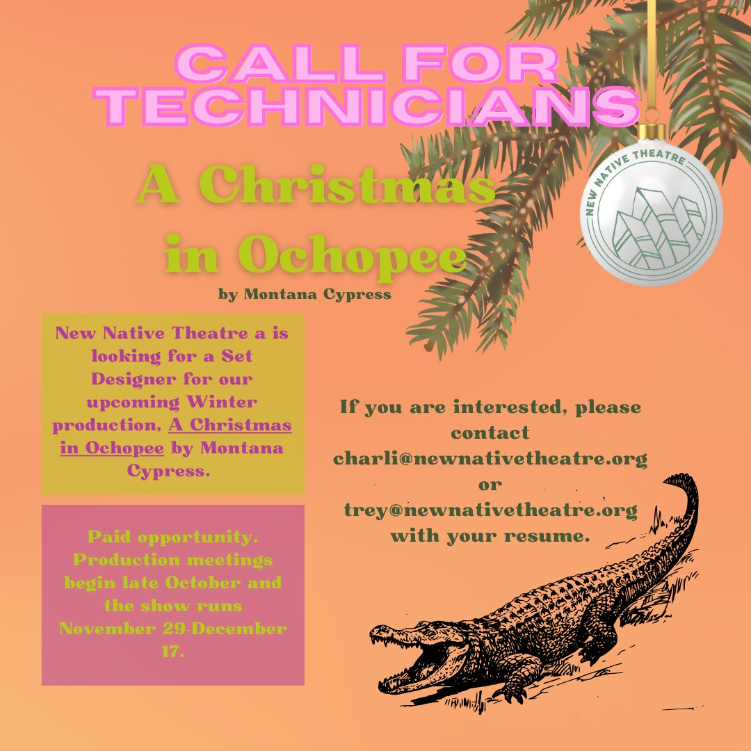 NNT is #hiring a #setdesigner for our production of A CHRISTMAS IN OCHOPEE by Montana Cypress.  The pay rate for this opportunity is $1,500. Email charli@newnativetheatre.org or trey@newnativetheatre.org if interested. #newnativetheatre #theatre #nativeamericantheatre