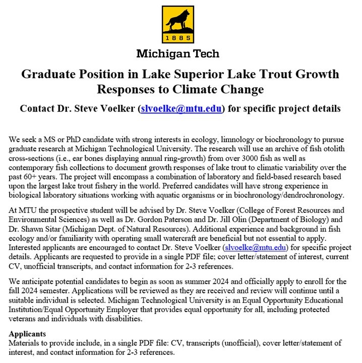 Here at @mturesearch  we have an amazing opportunity for a graduate student starting in 2024, funded by the  @miseagrant, to study how lake trout in Lake Superior have responded to climate change by applying dendrochronology to otoliths (fish ear bones). Details below. Pls RT