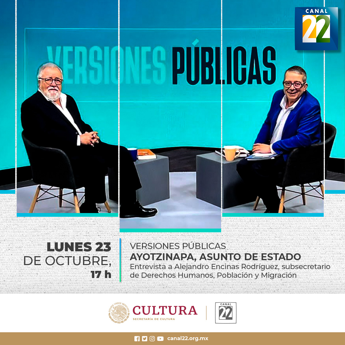 Canal22's tweet image. Disfruta de la programación del día de hoy:

🗣#VersionesPúblicas
🕟 17:00 h

🎬#Marquesina
🕟19:00 h

🏳️‍⚧️#Transcultura
🕟 21:30 h

🎭 #EstoEsÓpera
🕟22:00 h