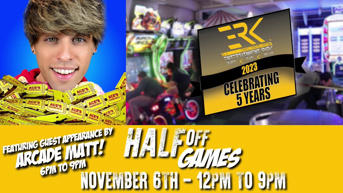3RiversKarting's tweet photo. MEET ARCADE MATT! 🕹️
3RK is celebrating 5 Years of Fun: Nov. 6th - 10th! To get the party started, enjoy Half OFF Arcade Games Monday, Nov. 6th from 12pm - 9pm. PLUS a FREE #ArcadeMatt Meet &amp; Greet from 6pm to 9pm! It’s a celebration you don’t want to miss! 🎉🎂🎉

#3RK https://t.co/6IkNik5r0O