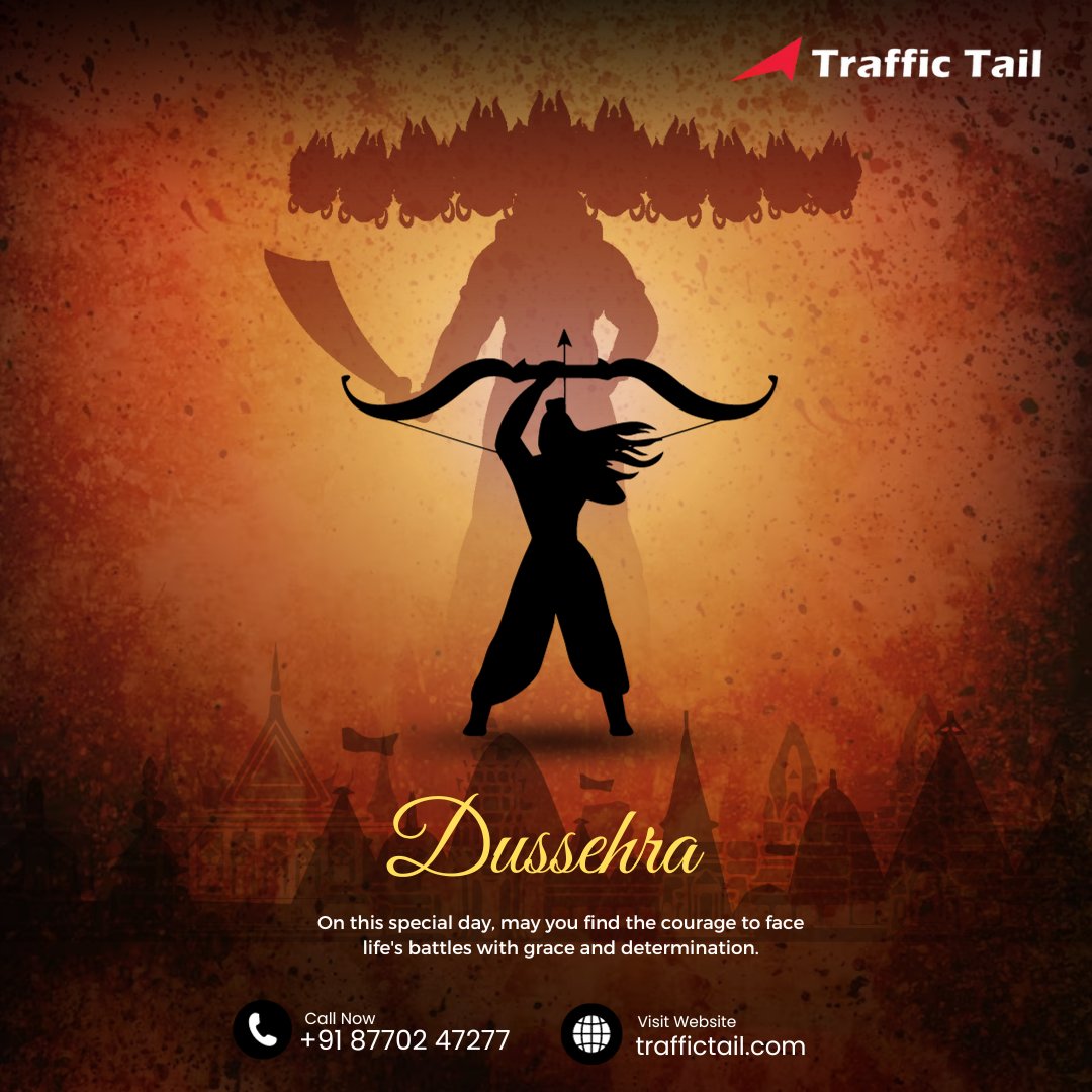 traffictail's tweet photo. On this special day, may you find the courage to face life's battles with grace and determination.

Happy Dussehra 💫

#Dussehra #Dusshera2023 #ShriRam #traffictail #digitalmarketingagency #digitalmarketing #Marketing #business #growth #festival #FestiveSeason https://t.co/vKo874BYrO