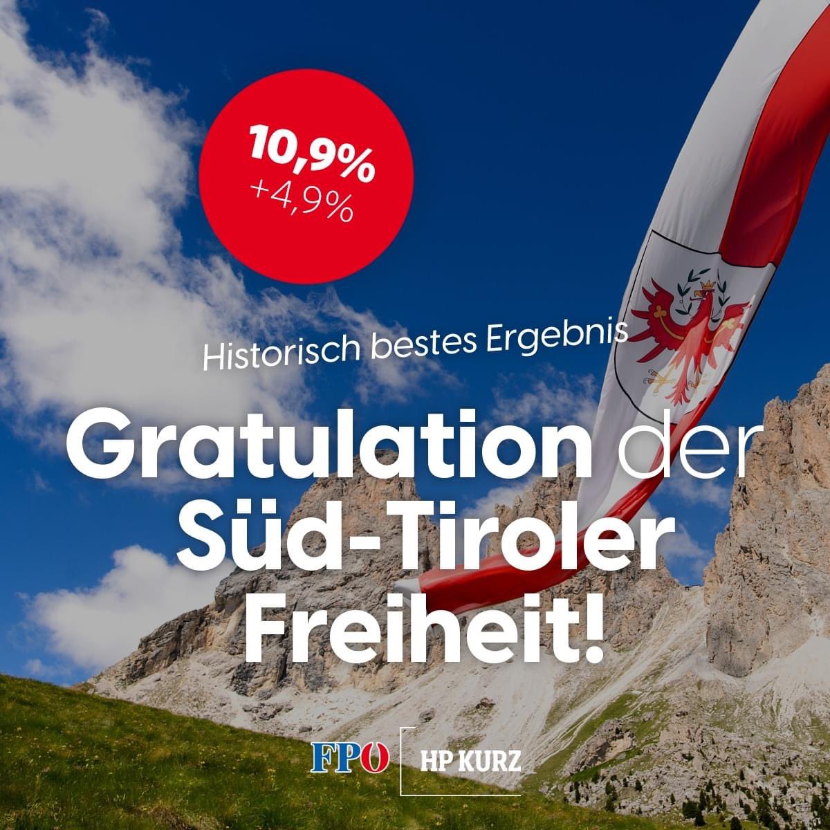 hpkurz_fpoe's tweet image. Herzliche #Gratulation der @tirolerfreiheit zum historisch besten Ergebnis, bei der gestrigen #Landtagswahl. 💪🇵🇱 Gemeinsam mit den anderen Parteien kommen die deutschsprachigen, patriotischen Kräfte in Süd-Tirol nun auf rund 22 Prozent. 👍 #südtirolistnichtitalien