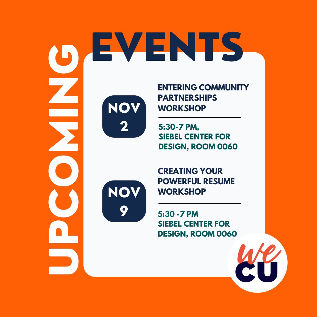 📣 @Uoflllinois students! Join us in November for two workshops on Entering Community Partnerships and Creating Your Powerful Resume. Dinner will be served, but space is limited! Learn more and register at wecu.illinois.edu/events-trainin…