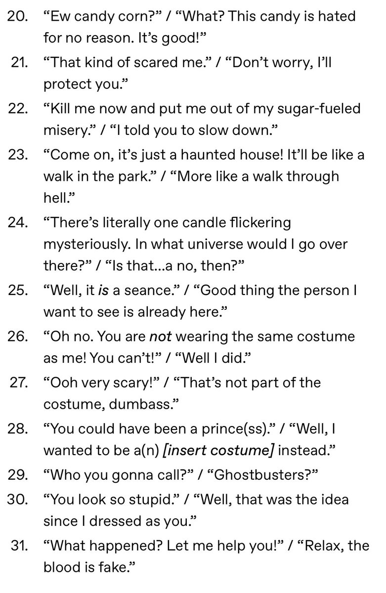 rubrumweasley's tweet photo. 𝐇𝐀𝐋𝐋𝐎𝐖𝐄𝐄𝐍 𝐒𝐓𝐀𝐑𝐓𝐄𝐑 𝐂𝐀𝐋𝐋! 

♡ this tweet for a random starter with context using / inspired by one of the prompts below.

( length may vary ) https://t.co/BSLMR7pwUz
