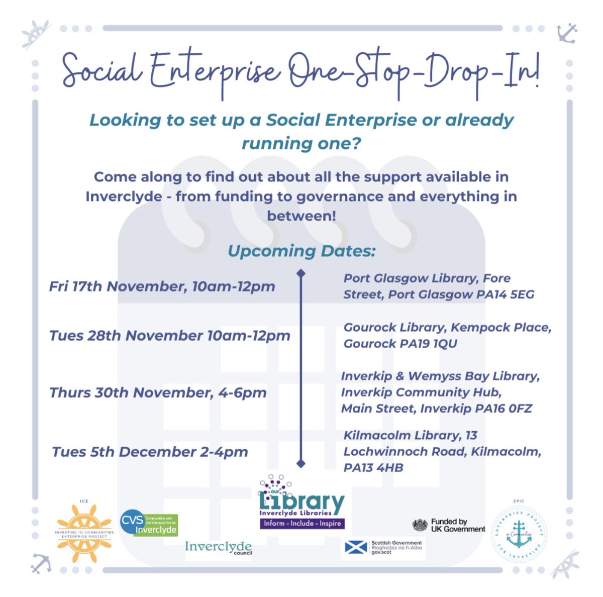 Running a Social Enterprise in Inverclyde? Why not pop in to a free drop-in session👇