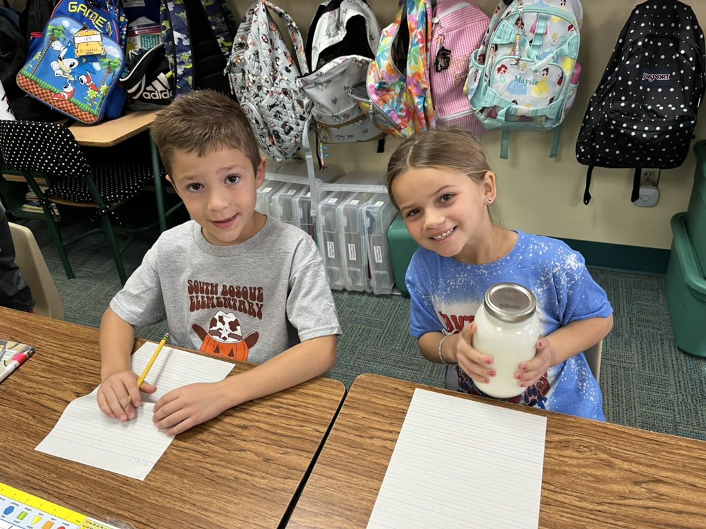 SouthBosque's tweet image. Mrs. N^’s super scientists shook cream until it turned into yummy butter! 🧈💛😉
#statesofmatter
#solidliquidgas