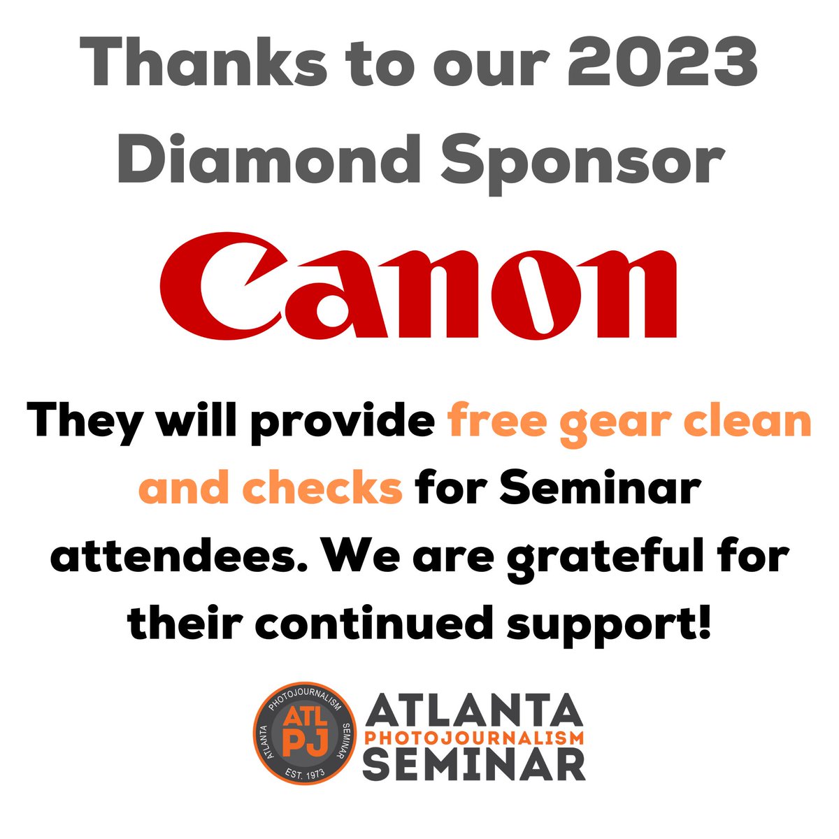Thank you @CanonUSA, our Diamond Sponsor, for your continued support! Canon will be offering free gear clean and checks at the seminar. They will also have cameras and lenses on display for attendees to browse. We can't wait to see everyone, Nov. 3 +4! tinyurl.com/4rx8uzwx