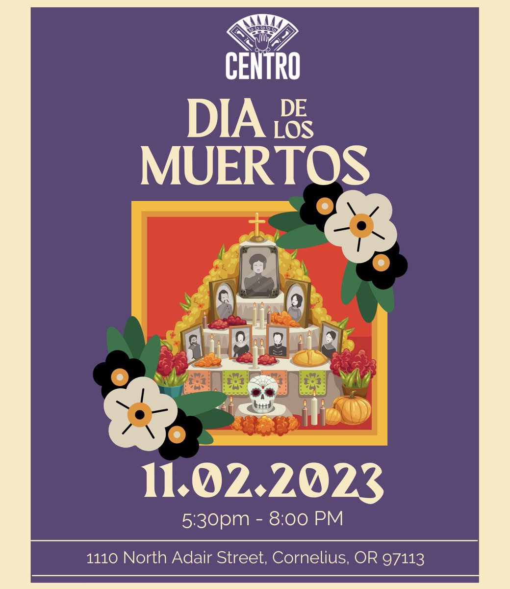 Join us Nov 2nd at Centro Cultural for a vivid Día de los Muertos celebration! Relive memories and traditions in full splendor. More updates coming soon! 💀🌺 #DiaDeLosMuertos #CentroFestivities