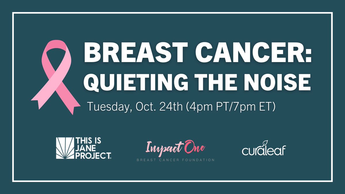 Curaleaf_Inc's tweet photo. Join our partner @impactonepink in the #ThisIsJaneProject #BCAM virtual event, Quieting the Noise, tomorrow (10/24). We’ll shed light on the topics of breast cancer, trauma, & the use of medicinal cannabis - demystifying these often-stigmatized topics: https://t.co/Kfnz7yLUVu #Curaleaf #BCAM #RootedInGood