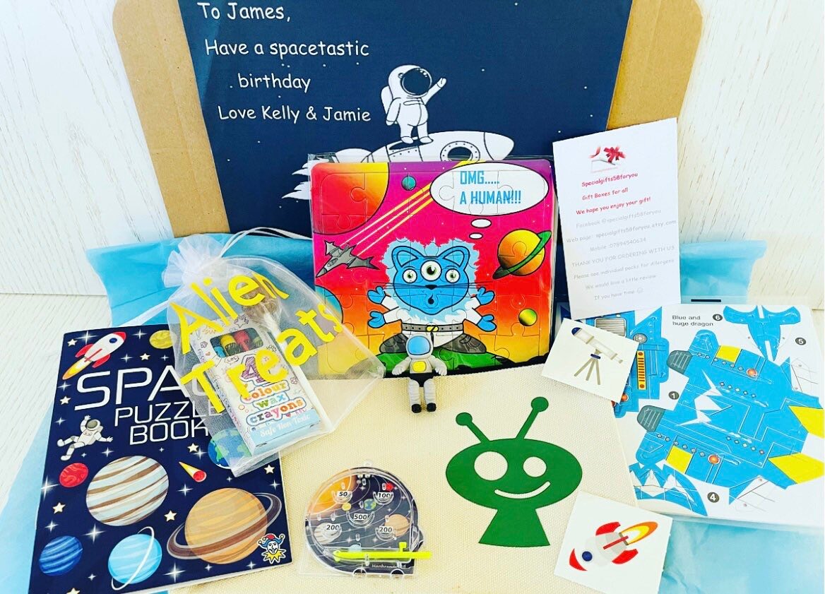 Personalised space themed gift. Filled with personalised pencil case and lots of fun activities. #personalisedgift #spacethemedgift #spacegift #activitygift #etsy #specialgifts58foryou specialgifts58foryou.etsy.com/listing/125658… #saleonnow #sale