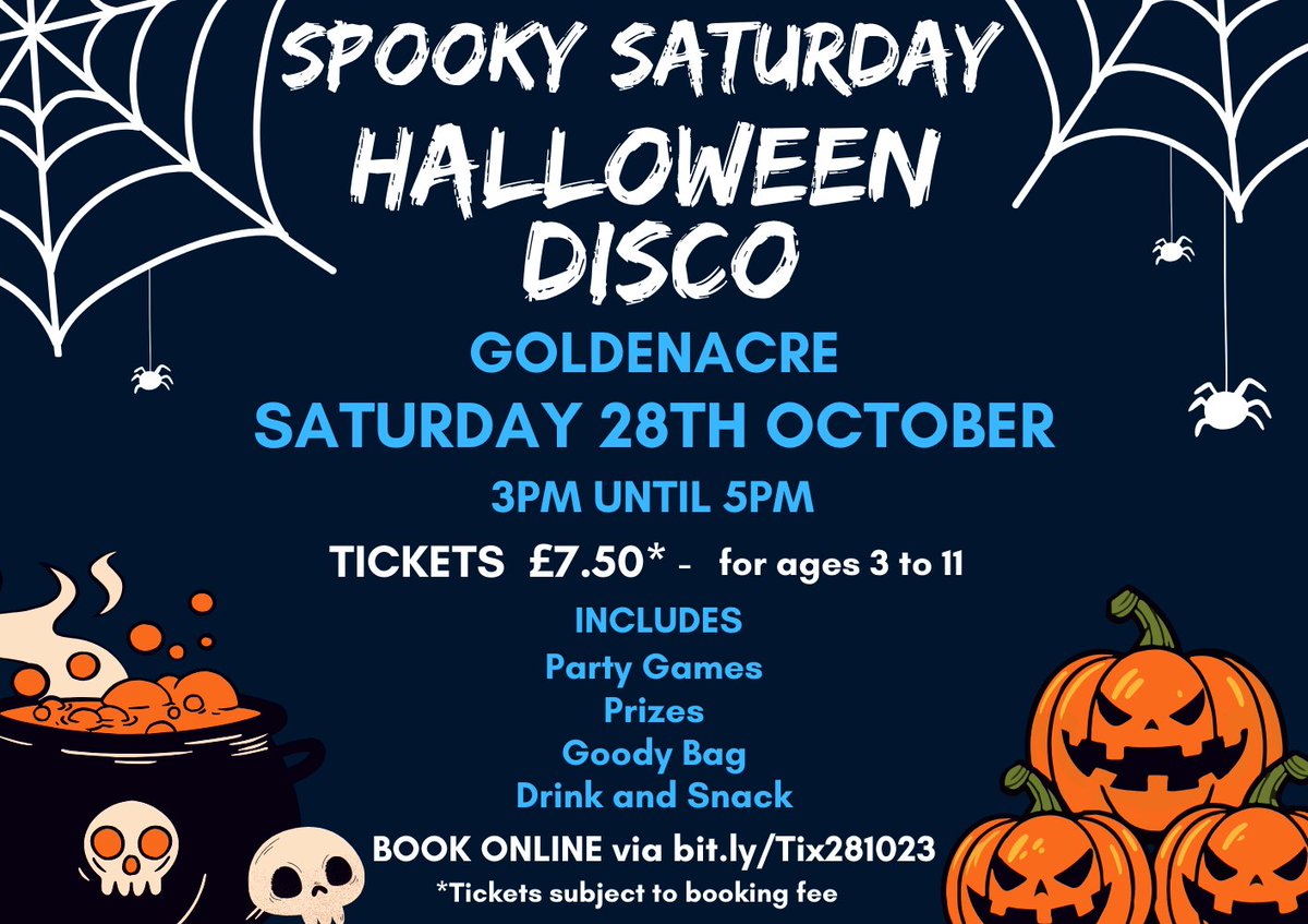 🔹𝗛𝗔𝗟𝗟𝗢𝗪𝗘𝗘𝗡 𝗗𝗜𝗦𝗖𝗢 🔹

𝗧𝗛𝗜𝗦 𝗪𝗘𝗘𝗞! ⤵️

👻 𝘚𝘢𝘵𝘶𝘳𝘥𝘢𝘺 28𝘵𝘩 𝘖𝘤𝘵𝘰𝘣𝘦𝘳 👻

🦇 Goldenacre 🦇

🎃 For ages 3 to 11 🎃

🎟️ Tickets via <a href="/citizenticket/">Citizen Ticket</a> 🎟️

𝗕𝗢𝗢𝗞 𝗡𝗢𝗪: bit.ly/Tix281023