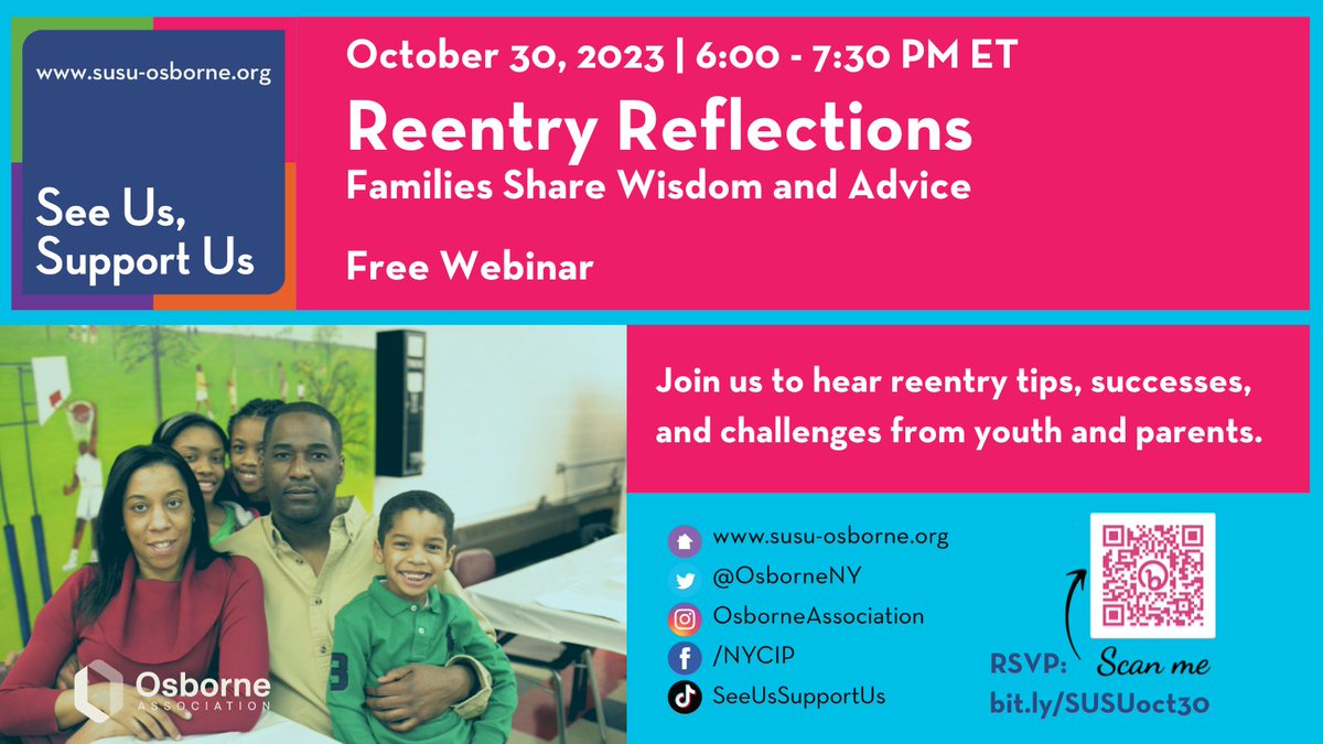 UPCOMING WEBINAR: Join the #SeeUsSupportUs Youth Team who will talk about their experiences navigating their parents’ incarceration and subsequent reentry. Young people and families are encouraged to join us. All are welcome! RSVP and spread the word! bit.ly/SUSUoct31
