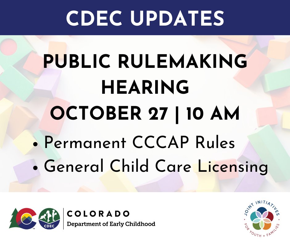 The <a href="/COEarlyChild/">Colorado Department of Early Childhood</a> will accept stakeholder feedback on the proposed permanent rules up to the date of the Hearing but encourages submission no later than Thursday, October 26th.
+
For the link to join, offer comments/testimony, and view rules, visit:
cdec.colorado.gov/for-partners/r…