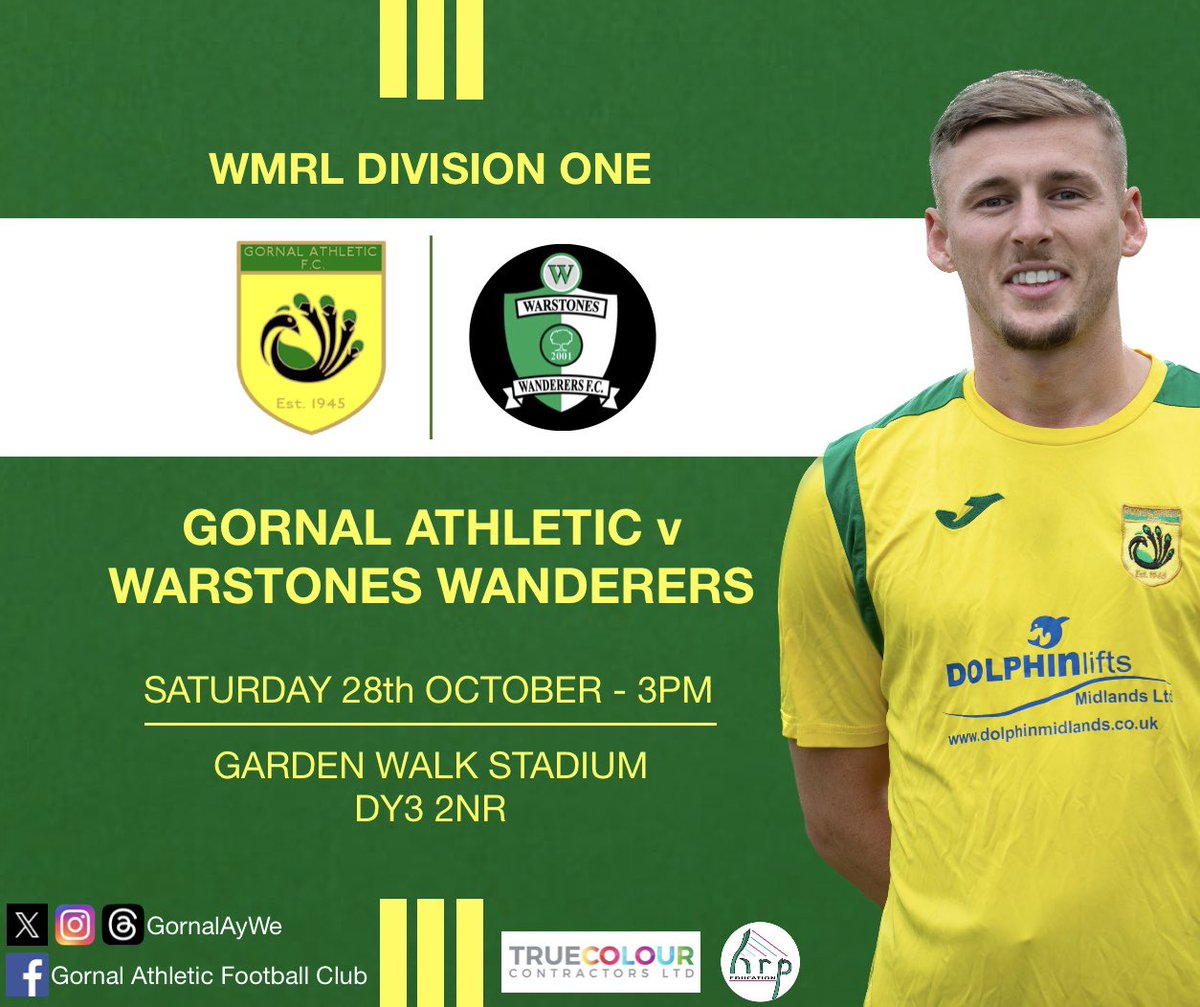 UP NEXT

🆚 <a href="/WWFC2001/">Warstones Wanderers F.C</a> 
🏆 <a href="/wmrfl/">West Midlands (Regional) League</a> 
🏟️ Garden Walk, DY3 2NR
🗓️ 28/10/23
⏰ 3pm
🎟️ Adult £5, Concessions £3
🍔 Bar and food from 1:30pm 

#WeNotMe 🦚🟡🟢