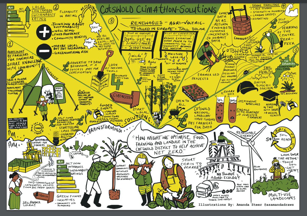 The Cotswold Climathon, organised by @CCRI_UK, in partnership with @CotswoldDC and @RoyalAgUni /Farm491, funded by @NICRERural took place a couple weeks ago. This artwork by @asamandadraws shows a few of the ideas and potential solutions discussed on the day by stakeholders.