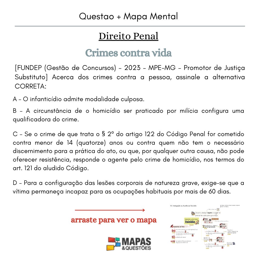 Acertou essa? Comenta sua resposta e ajude um colega concurseiro. 

Mapa Mental do E-book: DPEN-Crimes Contra a Vida.

#mapasequestoes mapasequestoes.com.br