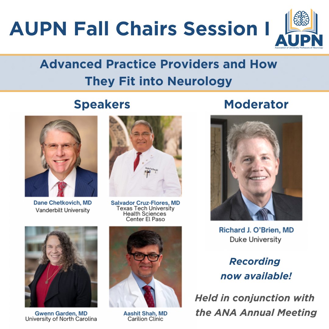 Did you miss our Fall Program Session on Advanced Practice Providers and How They Fit into #Neurology at #ANA2023? 

The recording is now available: aupn.org/i4a/pages/inde… 

@TheNewANA1 @Duke_Neurology @VUMCneurology @TTUHSCEP @UNCneurology @CarilionClinic