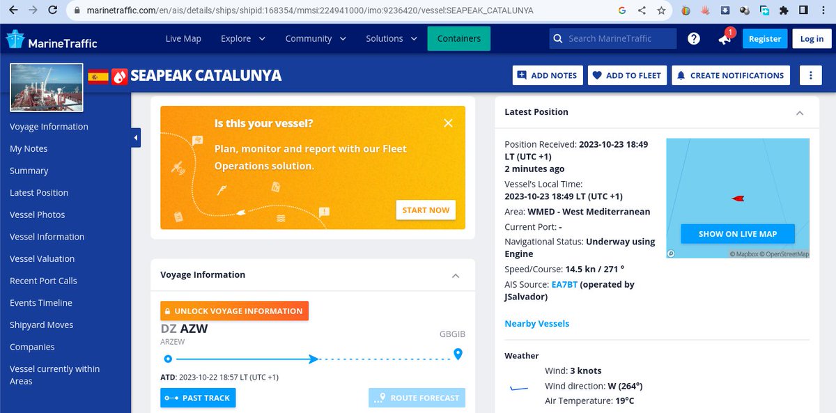 غادرت سفينة سيبيك كاتالونيا الإسبانية ميناء ارزيو بوهران متوجهة إلى إلى ميناء جبل طارق محملة بالغاز المسال
جدير بالذكر أن السفينة فشلت في التزود بالغاز المسال من مصر بسبب تداعيات الحرب بين المقاومة الفلسطينية والكيان الصهيوني ونقص عمليات التدفق بين حقل عسقلان المحتلة ومصر