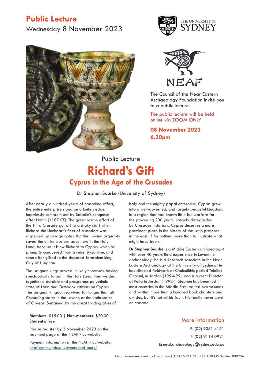 Check out this upcoming lecture by Dr Stephen Bourke  on Medieval Cyprus (8 November, zoom only). 

neaf.sydney.edu.au/2259-2  via @zuz_chovanec 

#Cyprus #Cypriot #NEAF  #Crusades #Medieval #RichardTheLionheart #HolyLand #history #Lusignan #Australia @Sydney_Uni