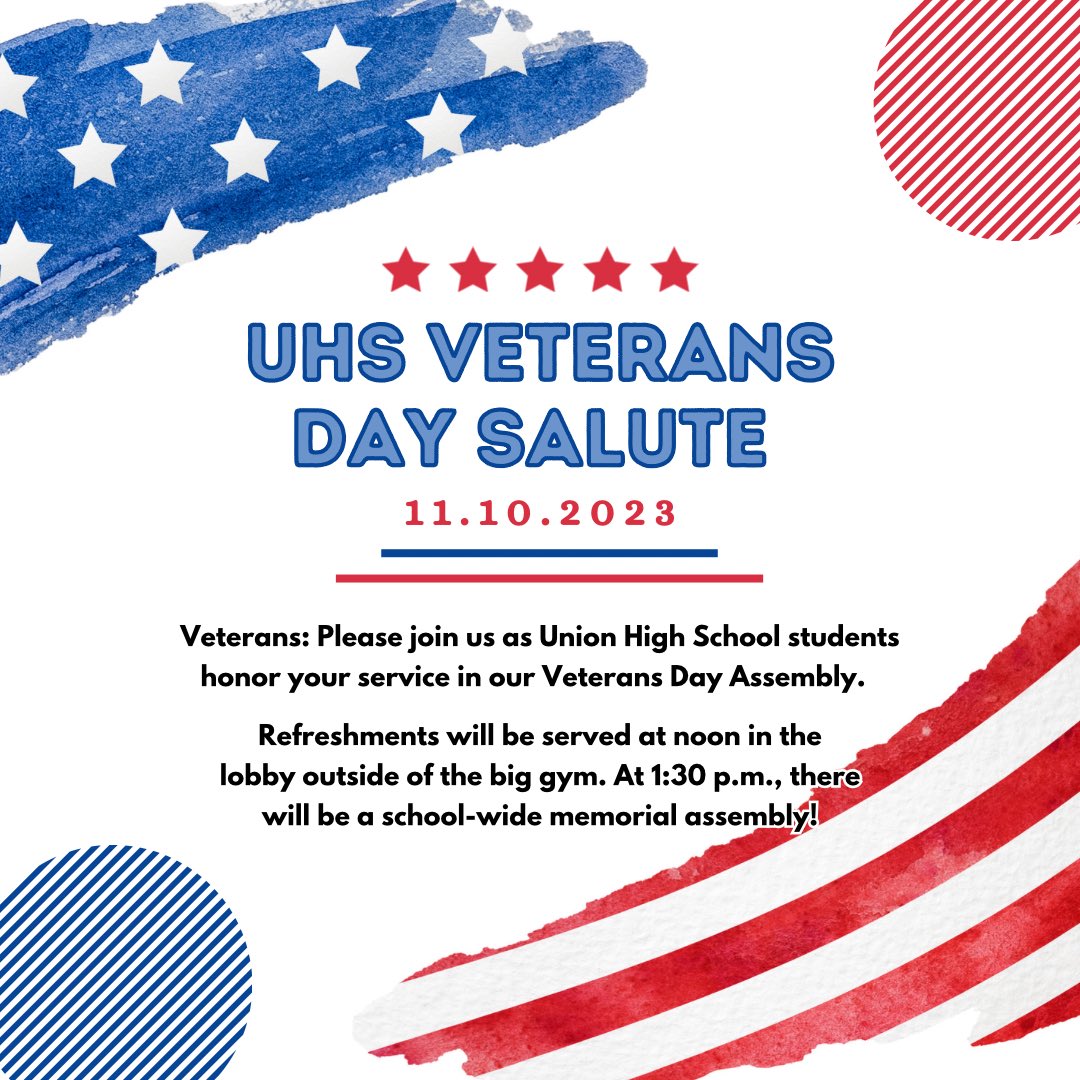 Hey UHS! On November 10, we’re hosting local veterans at our annual Veterans Day Assembly! Visit bit.ly/UHSvets23 to submit a picture of a veteran for our slideshow! If you know a veteran interested in attending, we will be hosting a meet-and-greet in the HS lobby at noon!