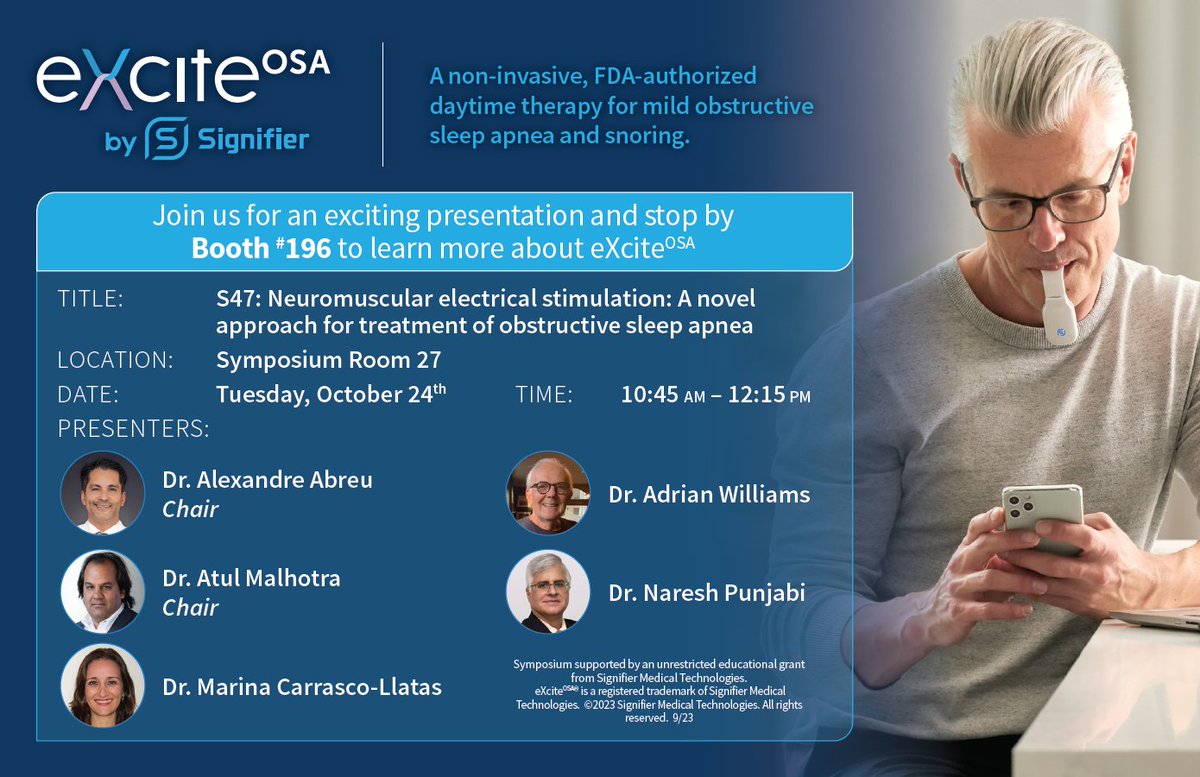 Visit us at booth #196 and be sure to attend the symposium on Tuesday, October 24th, to learn more about the efficacy and unique benefits of Neuromuscular Electrical Stimulation in treating #obstructivesleepapnea.

#SignifierMedical #eXciteOSA #WorldSleep #sleepapneaawareness