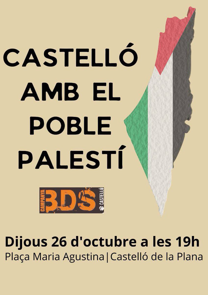 IntersindicalV's tweet photo. 📢 Tornem a sortir al carrer a Castelló de la Plana. 

Es convoca una segona concentració en suport al poble palestí i contra el genocidi que està perpetrant l’exèrcit israelià a Gaza.

📍Dijous 26 d'octubre a les 19h a la plaça Maria Agustina.
Castelló amb el poble palestí! https://t.co/CVzJCyzsr9