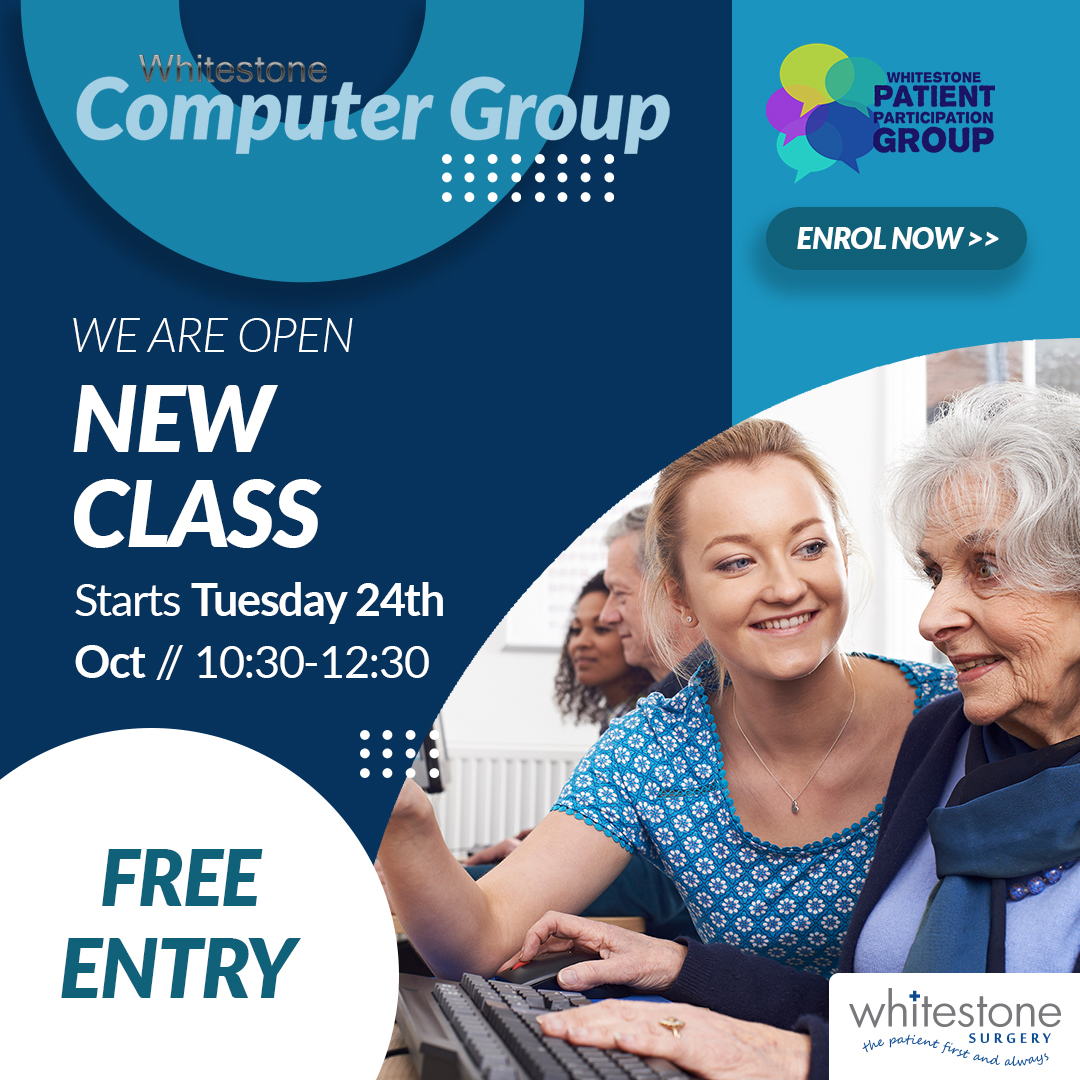 Whitestone computer Group reopens on Tuesday with a new class for anyone who wants to learn basic skills. If you know anyone who would benefit from these classes or would like to volunteer as a tutor, please contact reception or click here: whitestonesurgery.org/news/computer-…