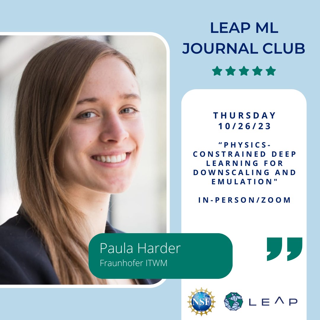 LEAP welcomes <a href="/paulaharder8/">paulaharder.bsky.social</a> to our ML Journal Club this week!  

THURSDAY, 10/26 @ 3:30p (EDT) leap.columbia.edu/events/

<a href="/columbia/">Columbia University</a> <a href="/columbiaclimate/">Columbia Climate School</a> <a href="/CUSEAS/">Columbia Engineering</a> <a href="/NSF/">U.S. National Science Foundation</a> <a href="/fraunhoferITWM/">Fraunhofer ITWM</a>

#climate #compsci #ML #AI #climateadaptation