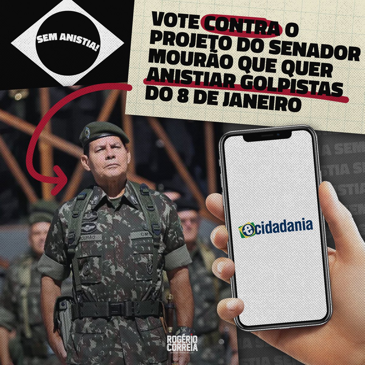 RogerioCorreia_'s tweet photo. SEM ANISTIA ✊🏻✊🏼✊🏽✊🏾✊🏿

A #CPMIdoGolpe mal acabou e já tem Senador ensaiando anistia pra criminoso. Vote NÃO na proposta do General Mourão que concede anistia aos acusados e condenados pelos crimes de 8 de janeiro.

🔗 Vote aqui: https://t.co/HubVpwJL5E https://t.co/z8h51sEaCx