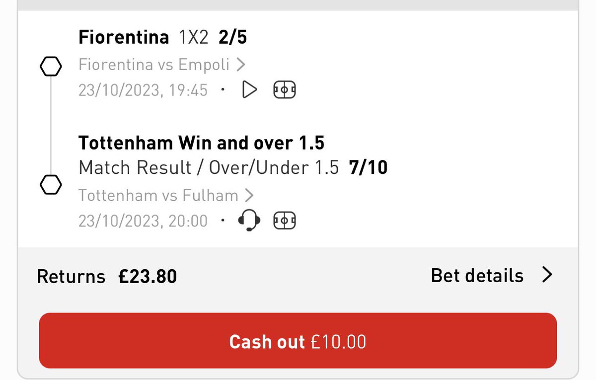Today’s double - 1.38/1 🏴󠁧󠁢󠁥󠁮󠁧󠁿Tottenham to win and over 1.5 goals 🇮🇹Fiorentina to win £10 returns £23.89‼️💸 ——————————————————— Sign up to the link below to grab yourself £20 in free bets 👇👇 bit.ly/3ZRhSR6 18+ Play Safe, BeGambleAware. T&Cs Apply
